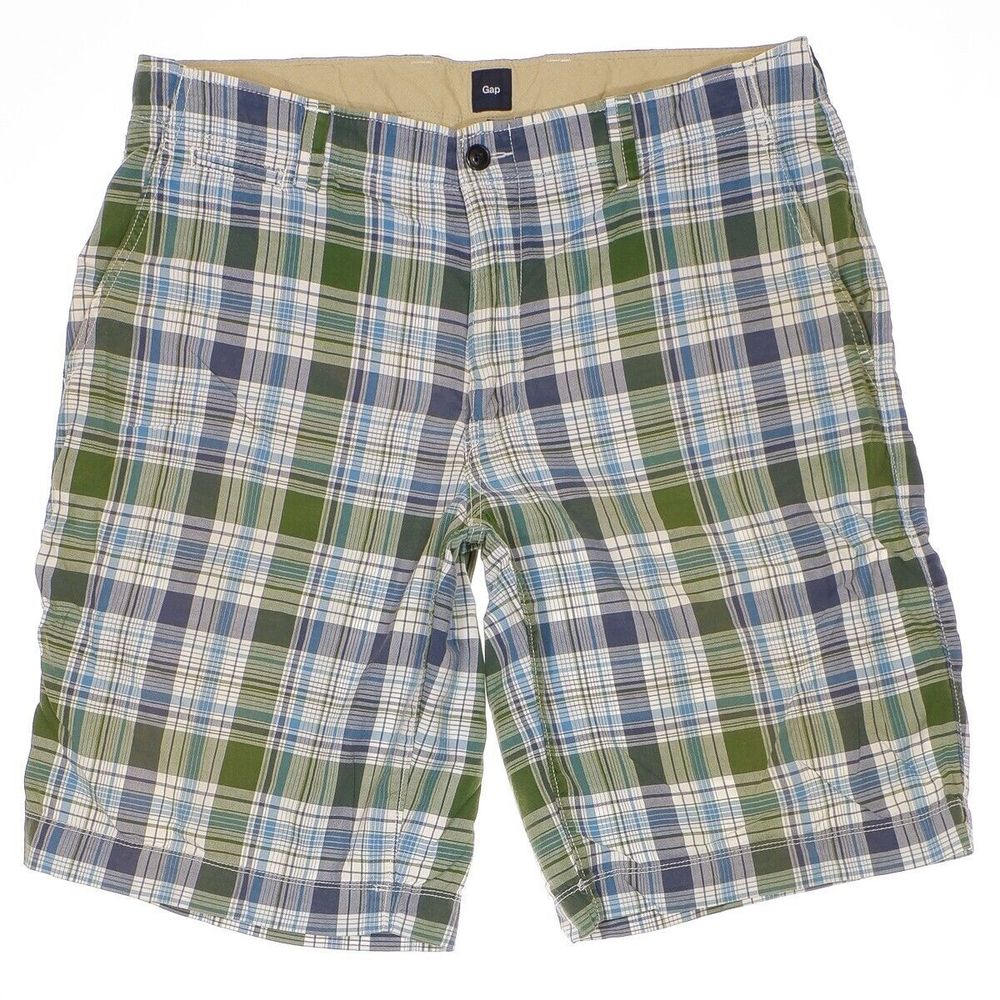 Gap Bermuda Shorts Mens Size 36 Actual 37 Lightweight Plaid Green Blue Cotton